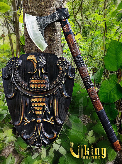 Hand-Forged 36" Viking Battle Axe & Carved Raven Shield Set Viking_Blade_Crafts
