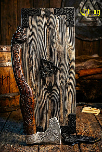 artisan Viking axe with carved wood wolf handle