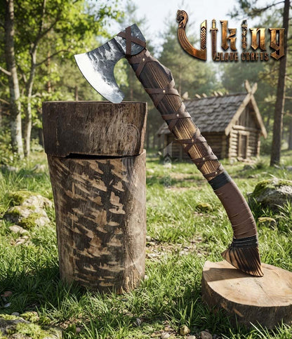 True Hand-Forged Viking Bearded Axe 30" | Leather-Wrapped Hammer-Peened Skeggøx