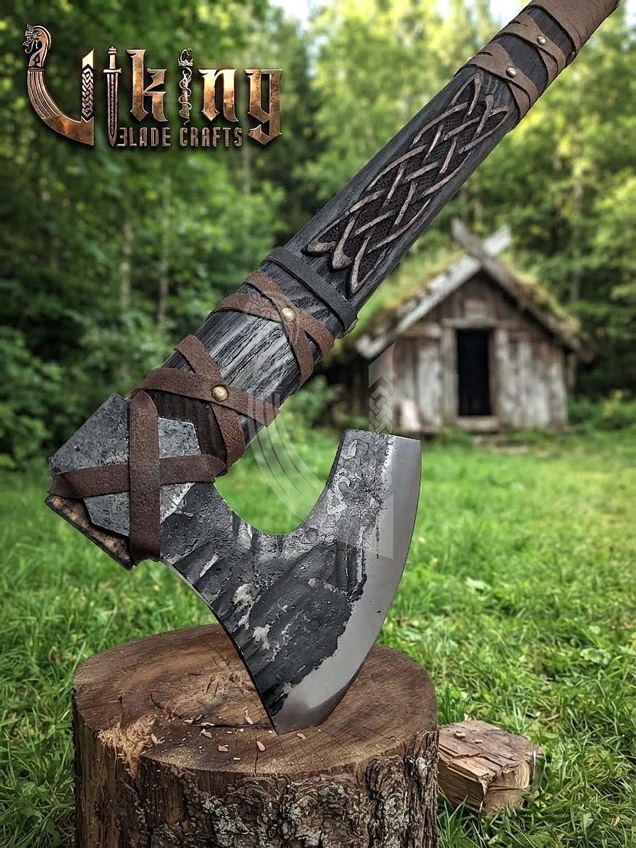 Ragnar-Inspired Viking Axe | Hand-Forged Knotwork Carved Ashwood