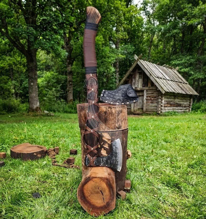True Hand-Forged Viking Bearded Axe 30" | Leather-Wrapped S-Curve Skeggøx