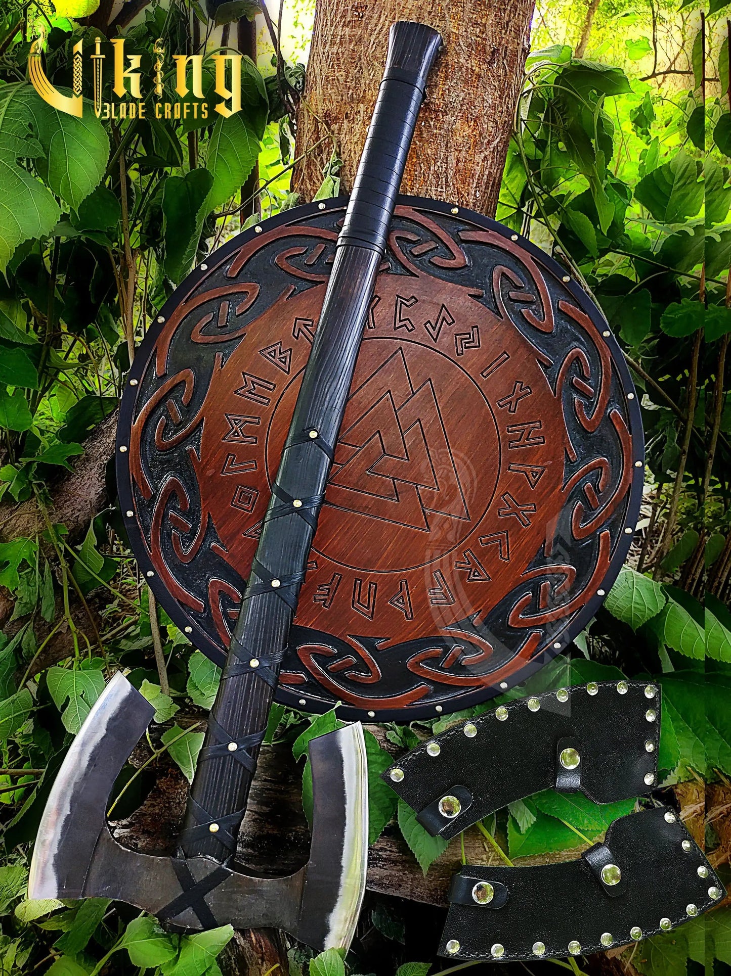 Forged Double Head 36" Viking Axe with Valknut  & Viking Runes Carved Shield Viking_Blade_Crafts
