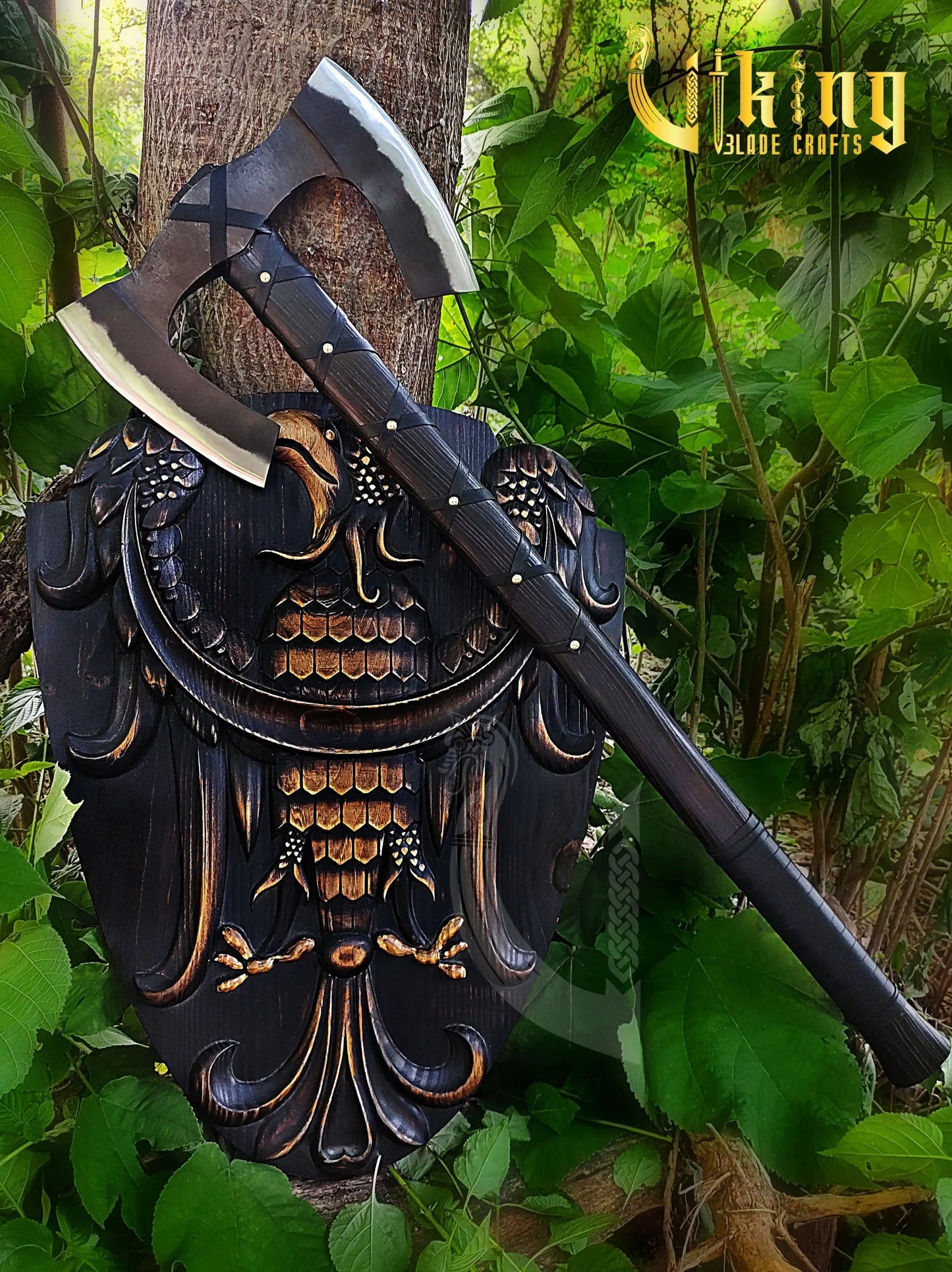 Handmade Double Head 36" Viking Axe & Carved Raven Shield – Norse Battle Set Viking_Blade_Crafts