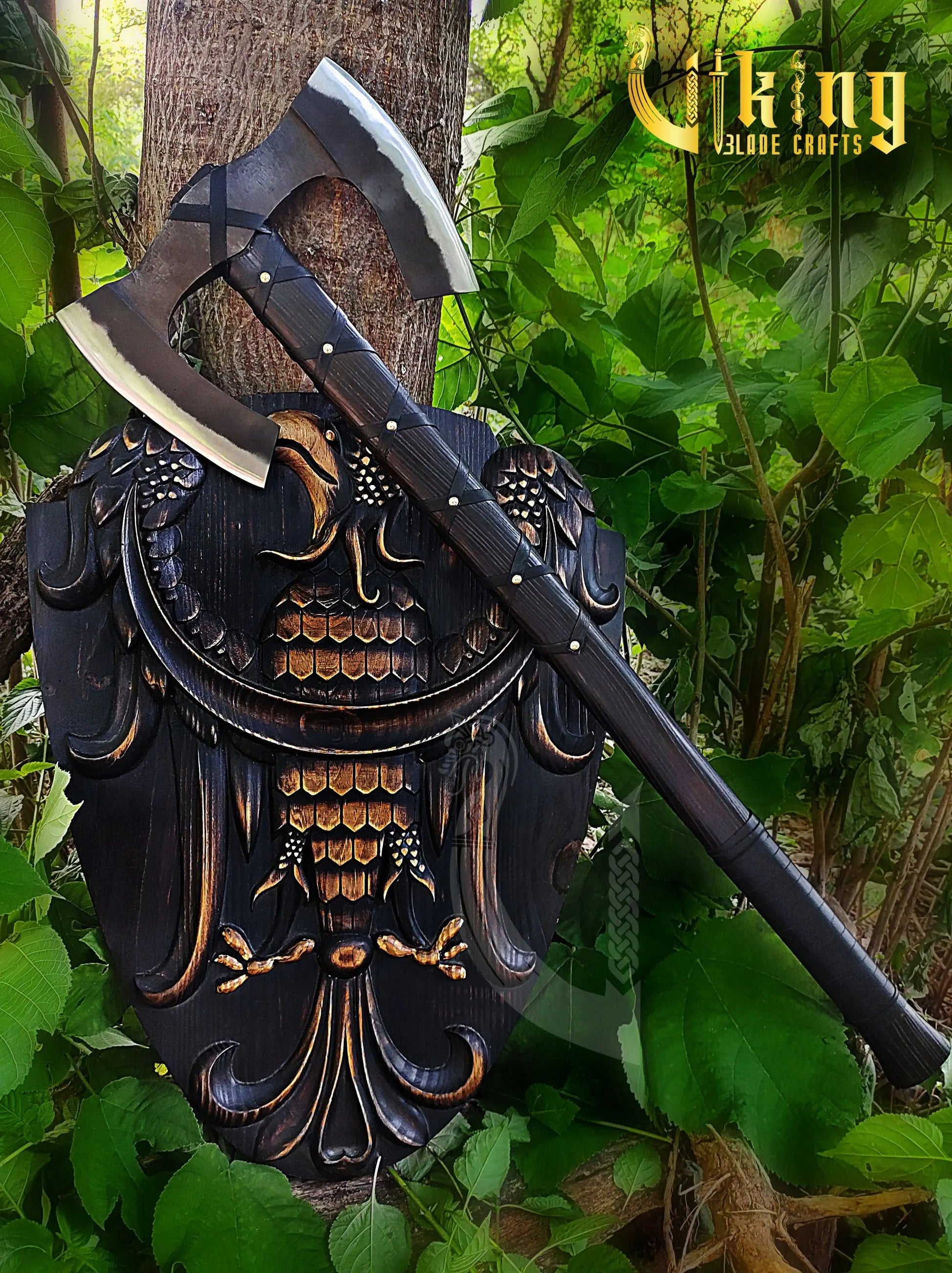 Handmade Double Head 36" Viking Axe & Carved Raven Shield – Norse Battle Set Viking_Blade_Crafts
