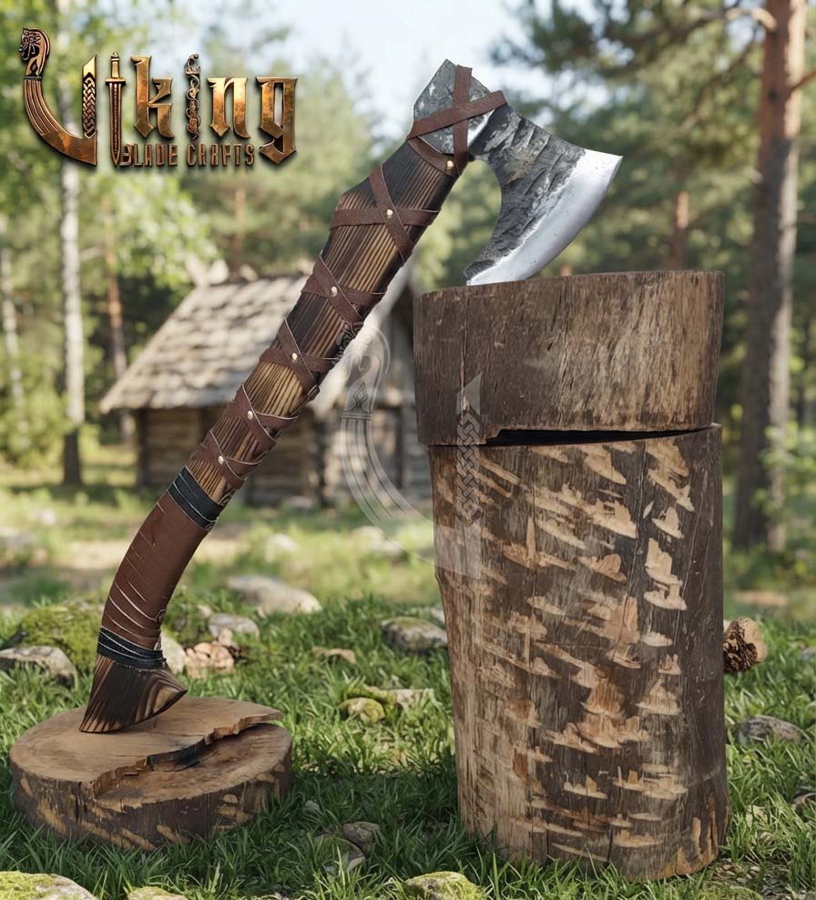 True Hand-Forged Viking Bearded Axe 30" | Leather-Wrapped Hammer-Peened Skeggøx