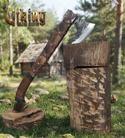 True Hand-Forged Viking Bearded Axe 30" | Leather-Wrapped Hammer-Peened Skeggøx