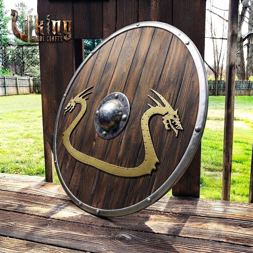 The Níðhöggr Crescent Dual-Dragon Metal-Overlaid Viking Shield