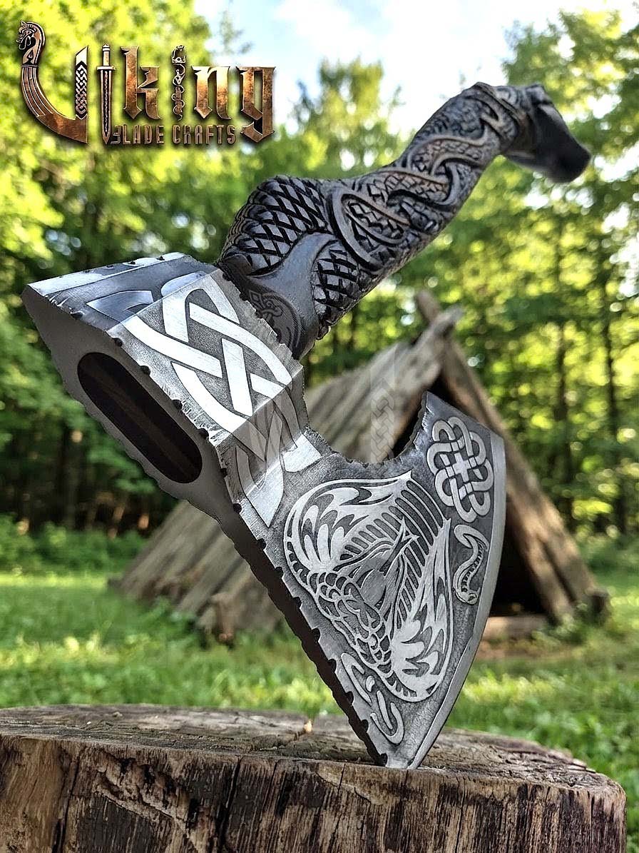 Hand-Forged Norse Serpent Carved Rosewood Axe 23" | Serpent Etched
