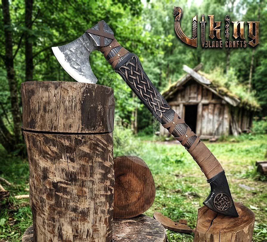Hand-Forged Viking Bearded Axe 30" | Urnes-Style Knotwork Carved Ashwood