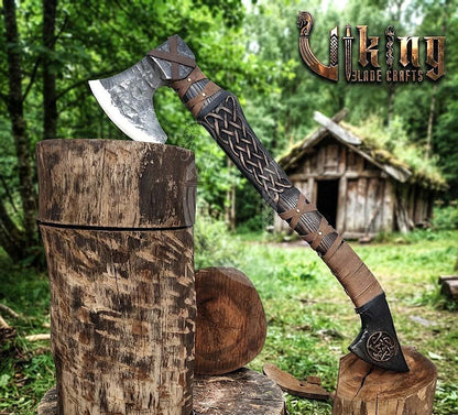 Hand-Forged Viking Bearded Axe 30" | Urnes-Style Knotwork Carved Ashwood