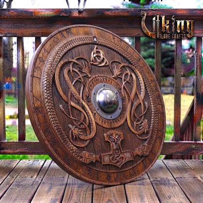 The Thunderer’s Bastion: Mjölnir & Twin Dragon Relief Viking Shield