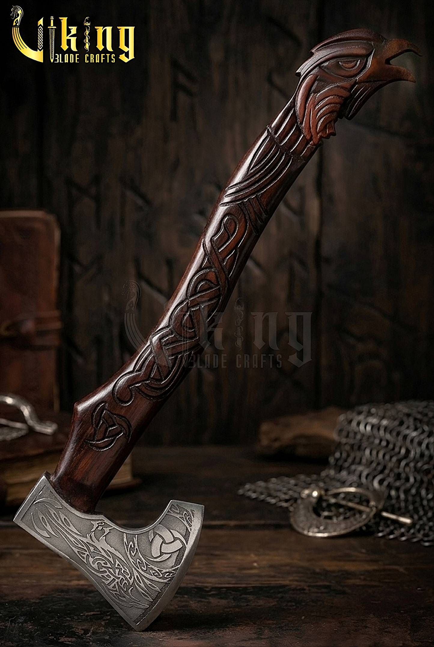 Raven Viking axe with hand carved handle and forged steel blade