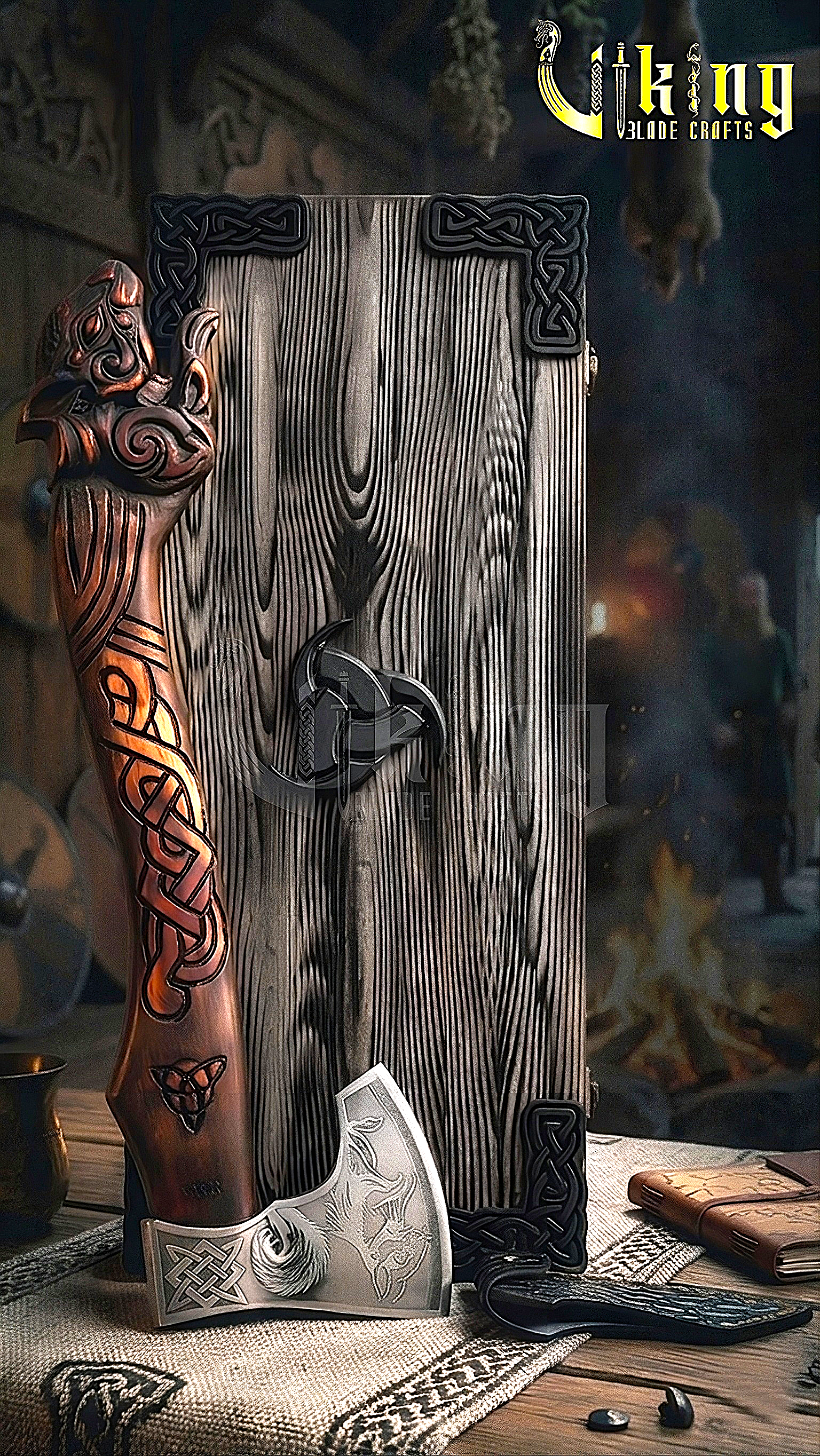 Viking squirrel axe inspired by Yggdrasil with hand carved grip