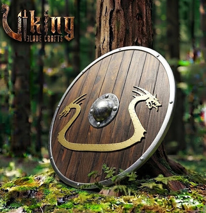 The Níðhöggr Crescent Dual-Dragon Metal-Overlaid Viking Shield