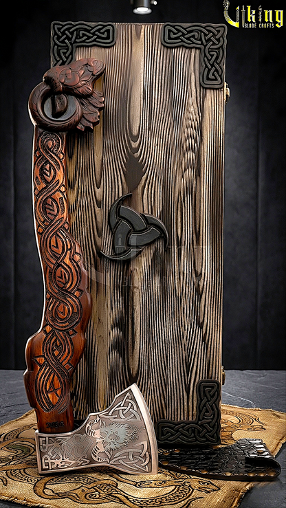 hand carved raven handle Viking axe made from forged steel