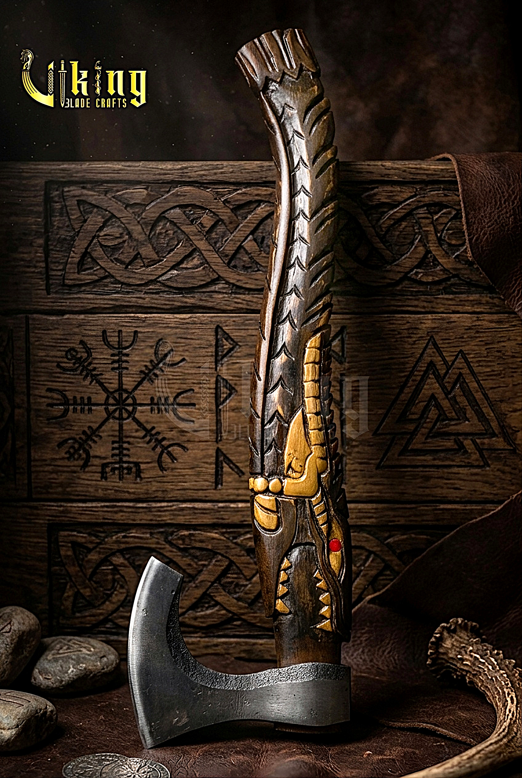 hand carved alligator handle Viking axe with steel blade