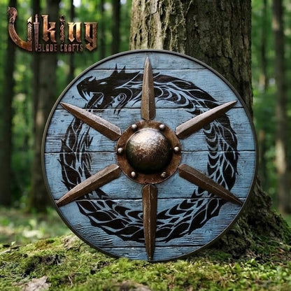 The Ocean-Coiler Hand-Rendered Jörmungandr Blue Viking Shield
