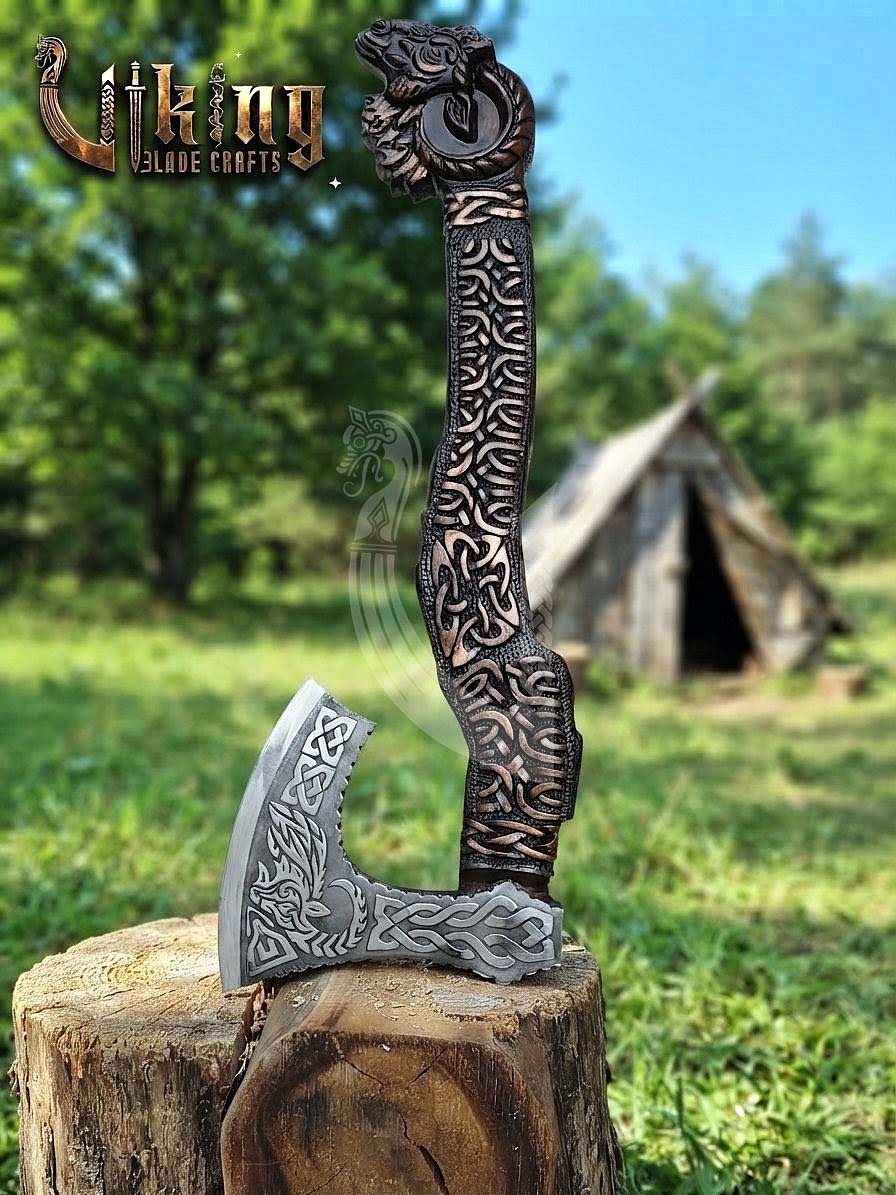 Hand-Forged 23" Norse Goat Carved Rosewood Axe | Goat Etched
