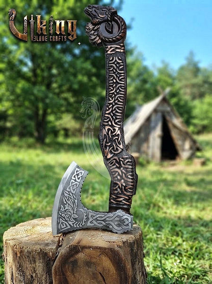 Hand-Forged 23" Norse Goat Carved Rosewood Axe | Goat Etched