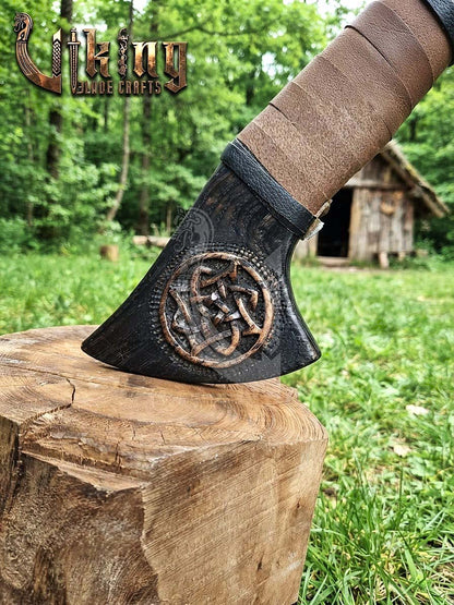 Hand-Forged Viking Bearded Axe 30" | Norse Knotwork Carved Curved Ashwood