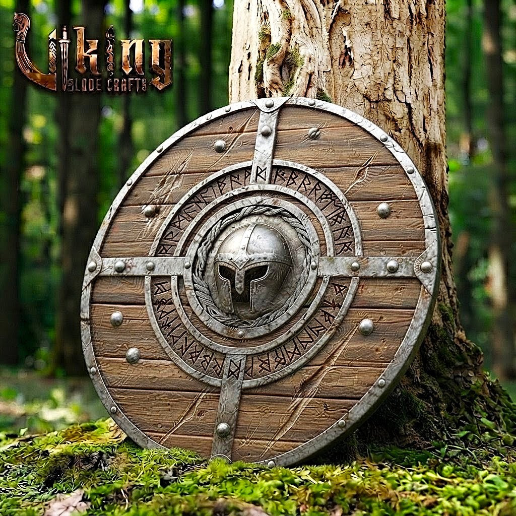 The Einherjar Vanguard 3D Helmet-Bossed Runic Viking Shield