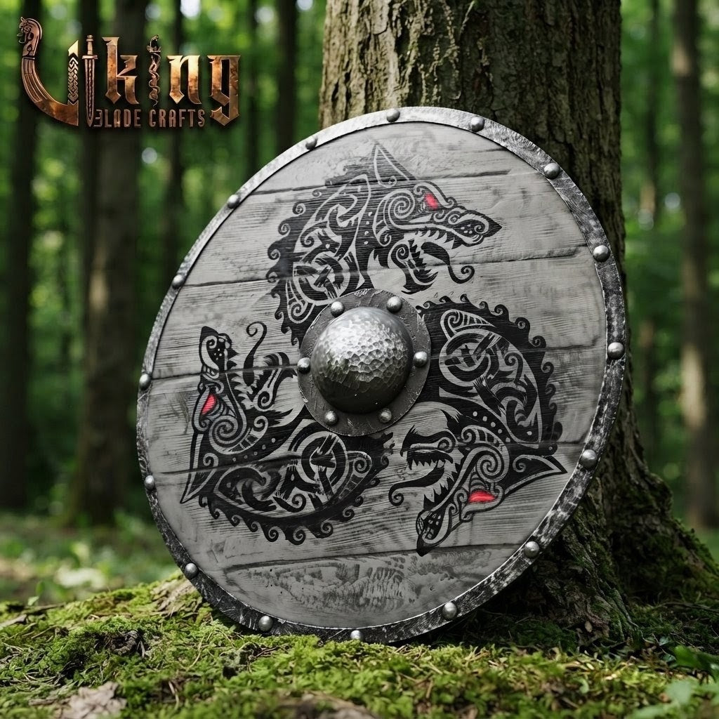 The Fenrir's Eclipse Hand-Painted Triple Wolf Viking Shield
