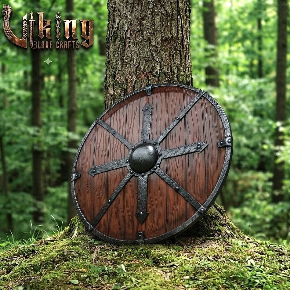 The Jarl’s Citadel 8-Spoke Steel-Braced Wooden Viking Shield