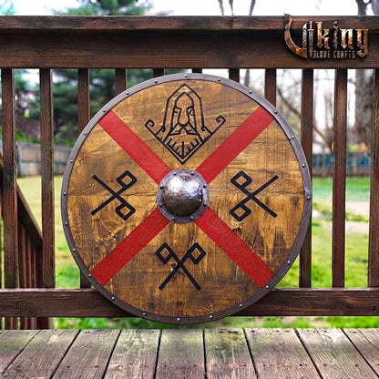 The Skjöldr of Asgard Red Cross & Runic God-Mask Viking Shield