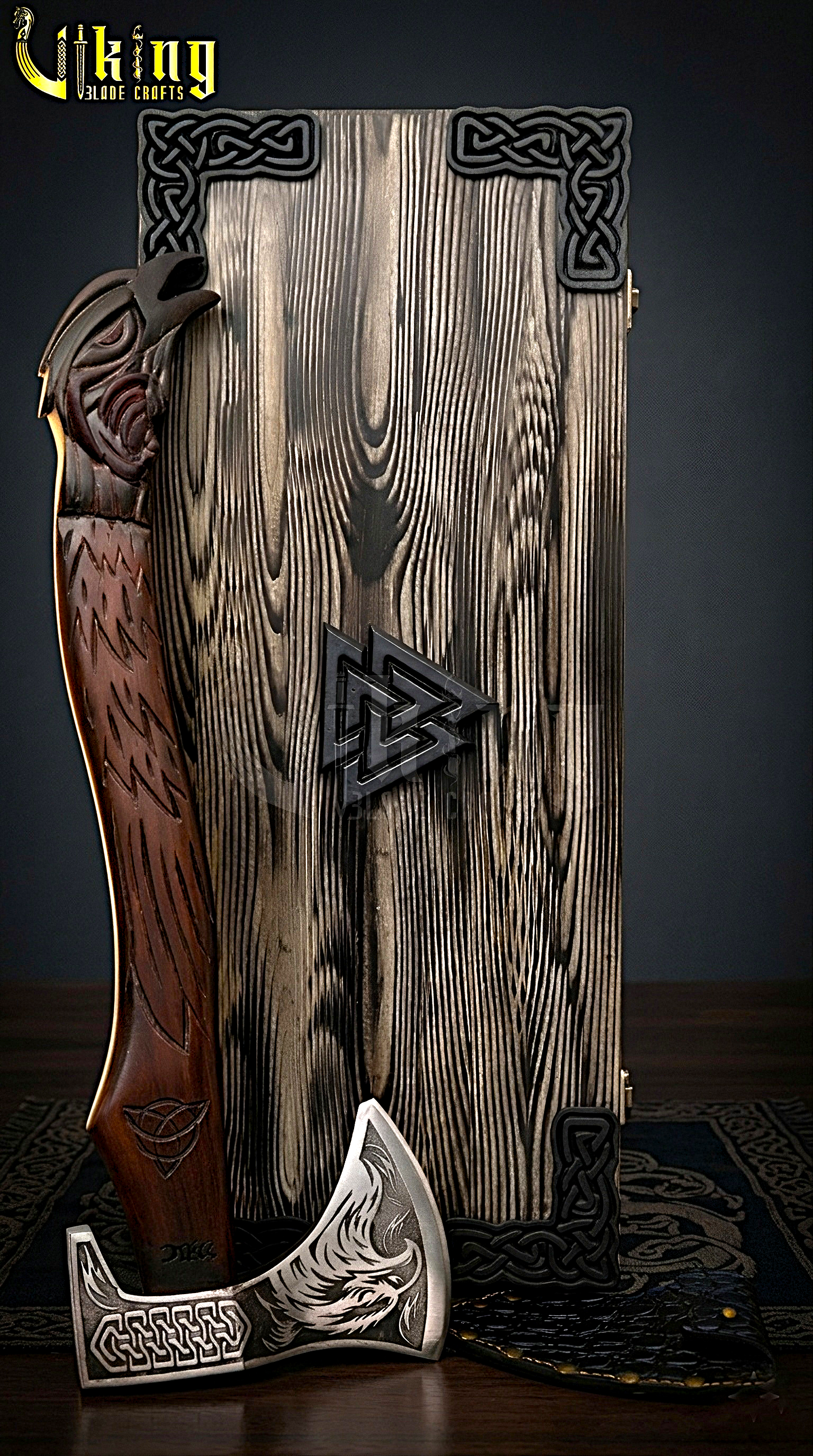 Odin raven Viking axe with leather sheath and hand carved wood handle