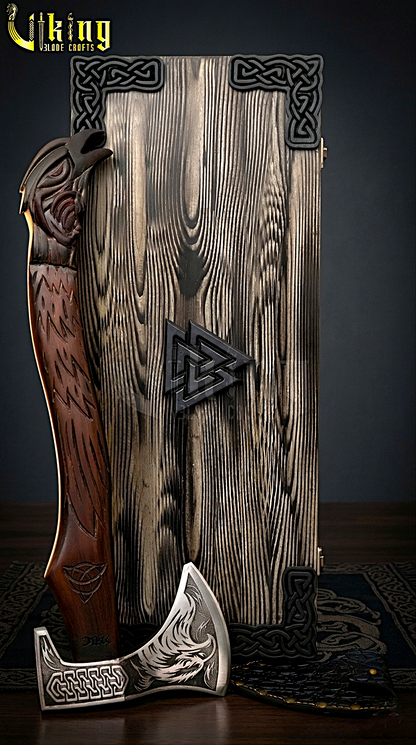 Odin raven Viking axe with leather sheath and hand carved wood handle