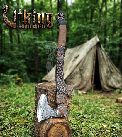 Ringerike-Style Viking Bearded Axe 30" | Curved Carved Haft & Flat Poll