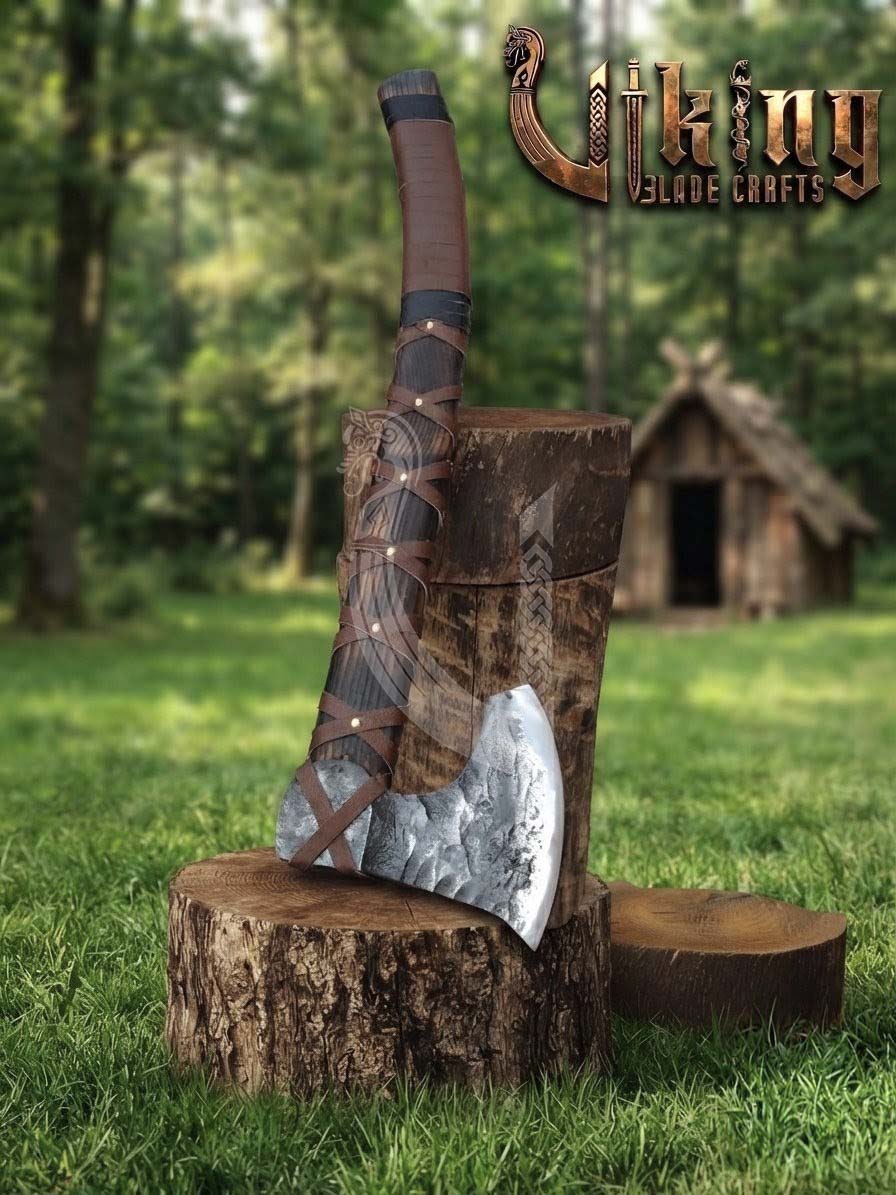 True Hand-Forged Viking Bearded Axe 30" | Leather-Wrapped Curved Skeggøx