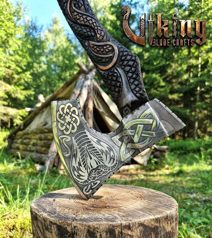 Hand-Forged Norse Serpent Carved Rosewood Axe 23" | Serpent Etched