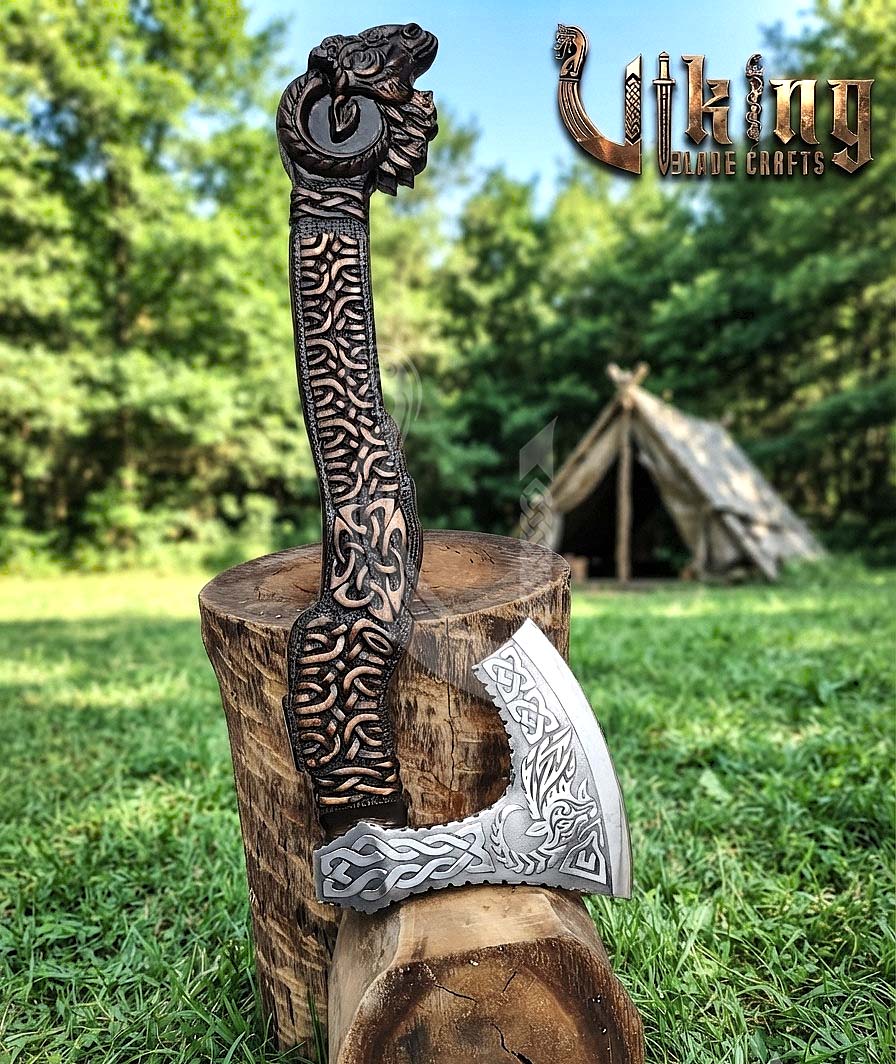 Hand-Forged 23" Norse Goat Carved Rosewood Axe | Goat Etched