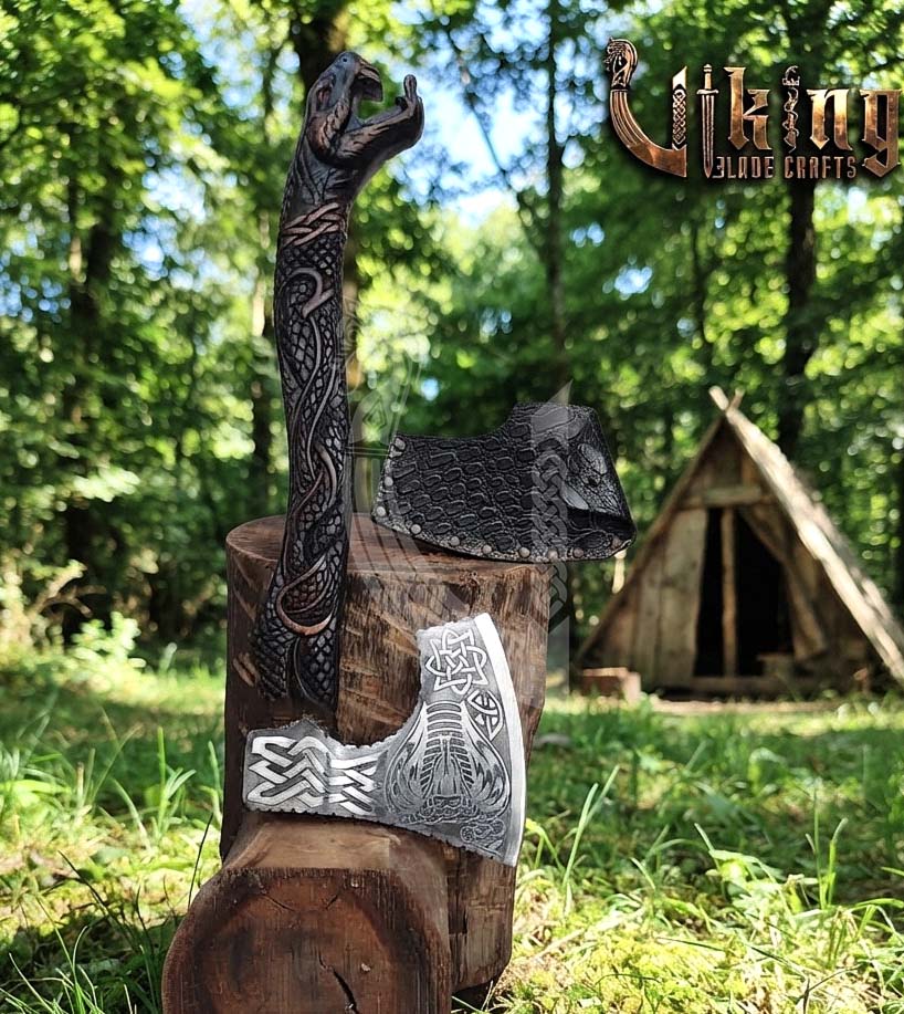 The Wyrm’s Fang 23" Hand-Forged Norse Carved Serpent Rosewood Axe