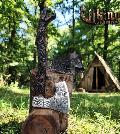 The Wyrm’s Fang 23" Hand-Forged Norse Carved Serpent Rosewood Axe