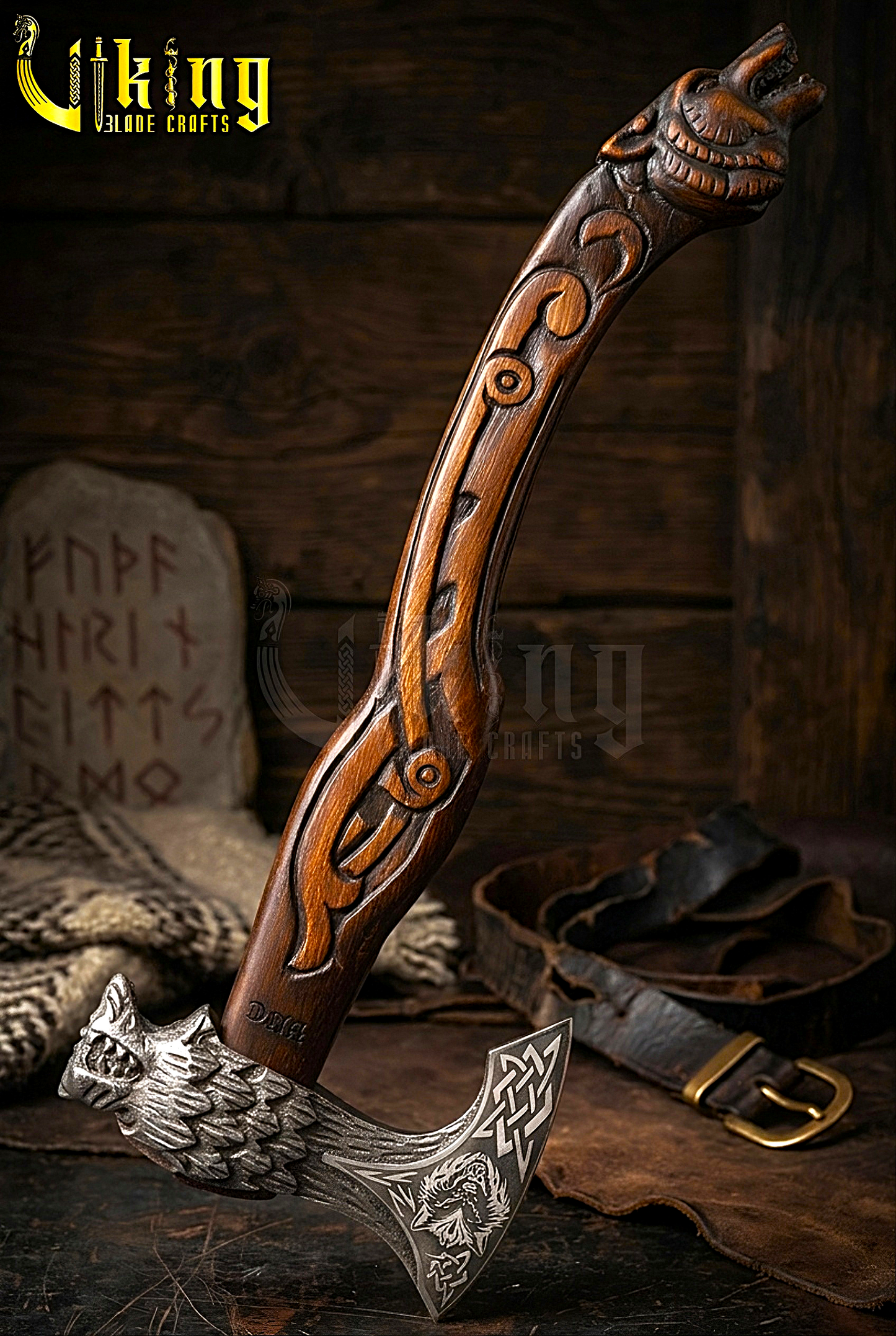 Fenrir Norse axe with hand carved wolf handle and forged steel blade