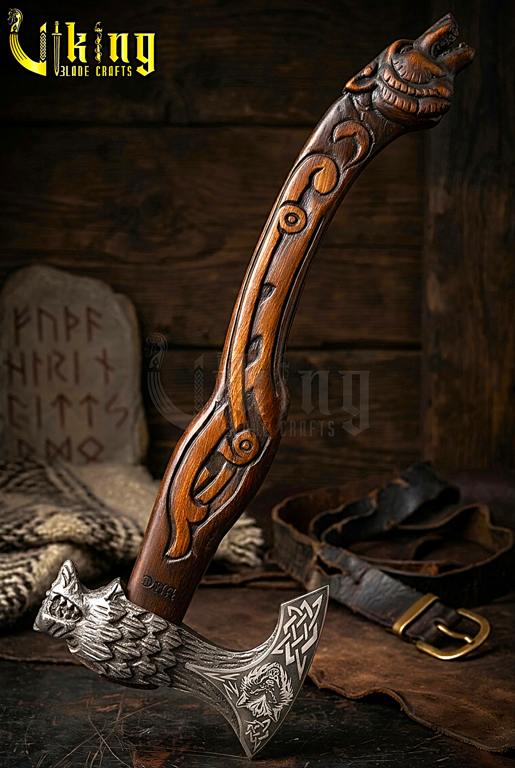 Fenrir Norse axe with hand carved wolf handle and forged steel blade