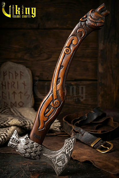 Fenrir Norse axe with hand carved wolf handle and forged steel blade