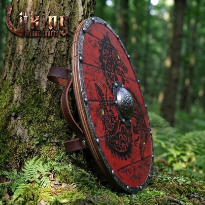 The Crimson Wolf Hand-Painted Triple-Wolf Viking Shield