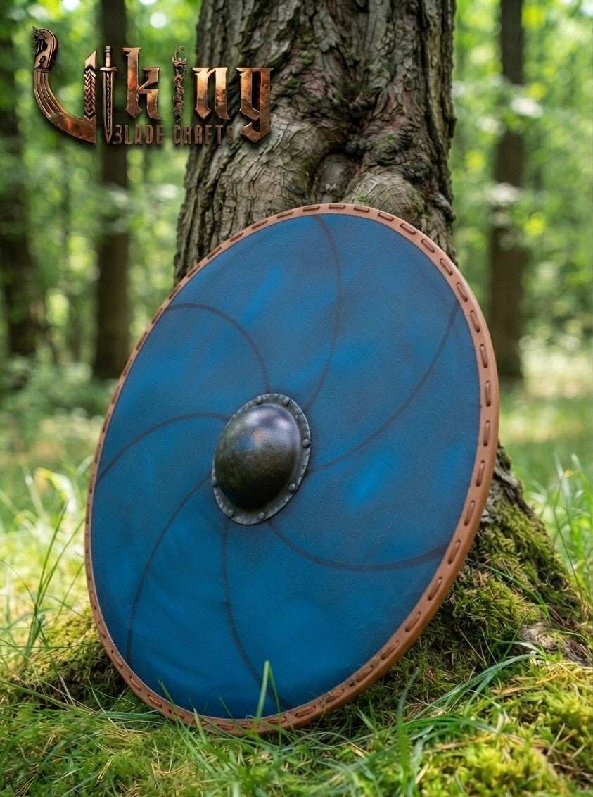 The Ægir’s Wake Sea-Blue Leather-Trimmed Viking Shield