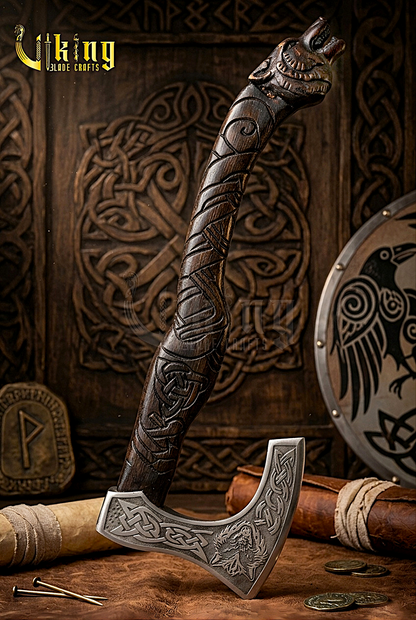 Fenrir Viking axe with hand carved wolf handle and forged steel blade