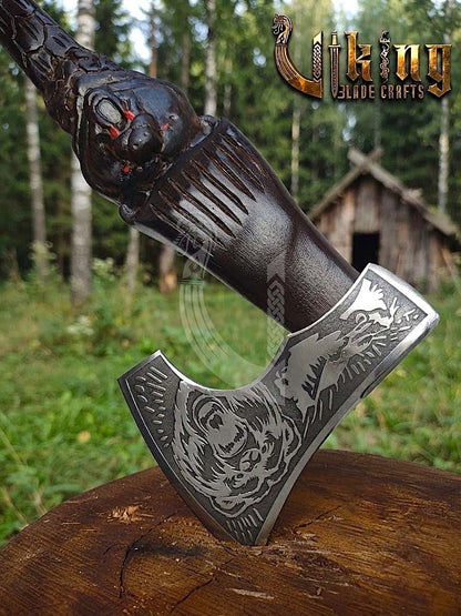 Bjorn Bear Viking Axe | Hand Carved Handle | Forged Steel
