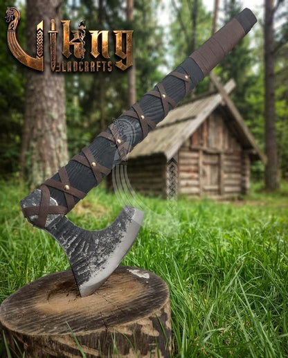 True Hand-Forged Viking Bearded Axe 30" | Leather-Wrapped Broad-Beard Skeggøx