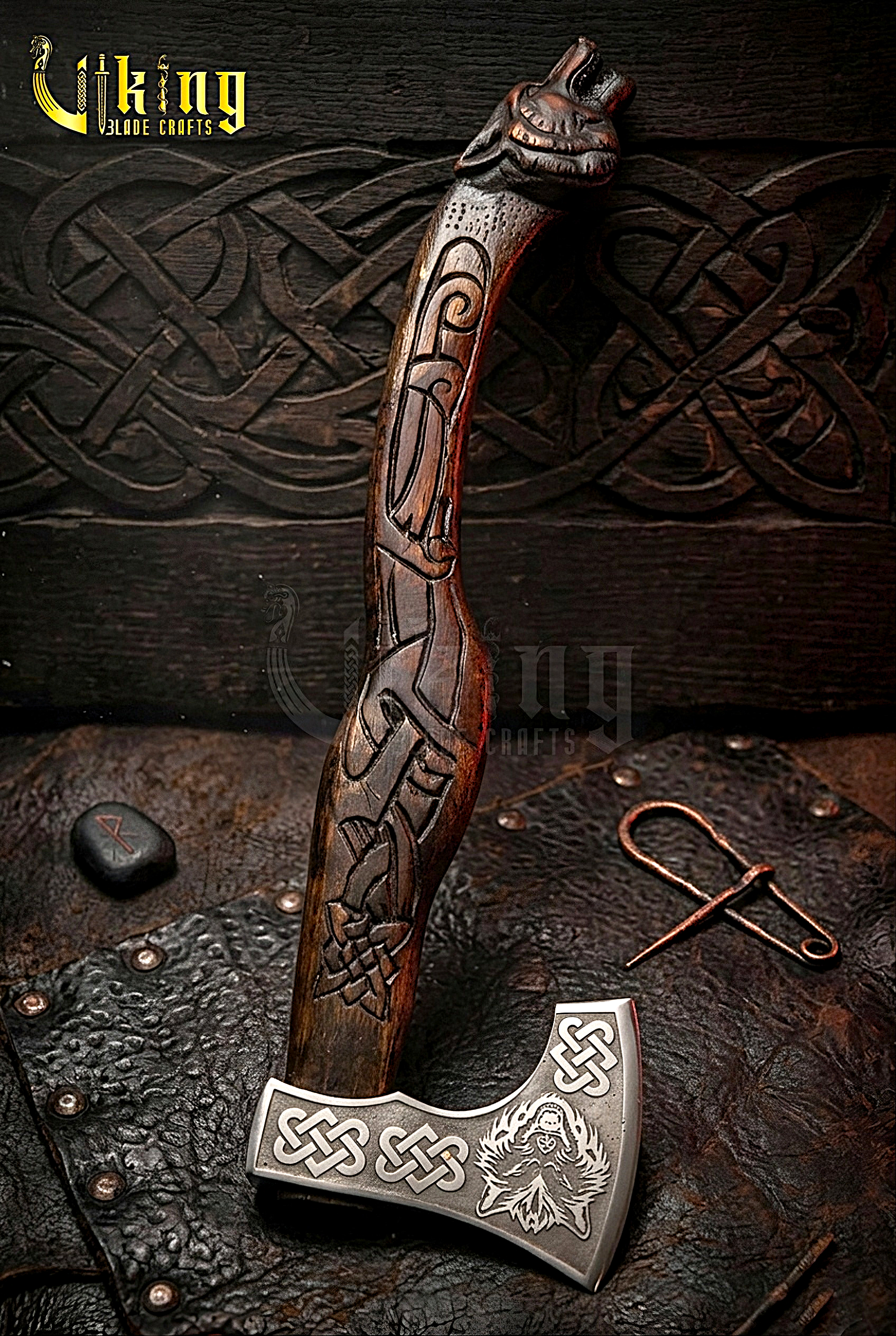hand carved Viking axe with wolf head handle and forged steel blade