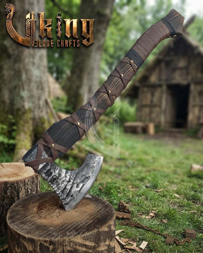 True Hand-Forged Viking Bearded Axe 30" | Leather-Wrapped Fanned Skeggøx