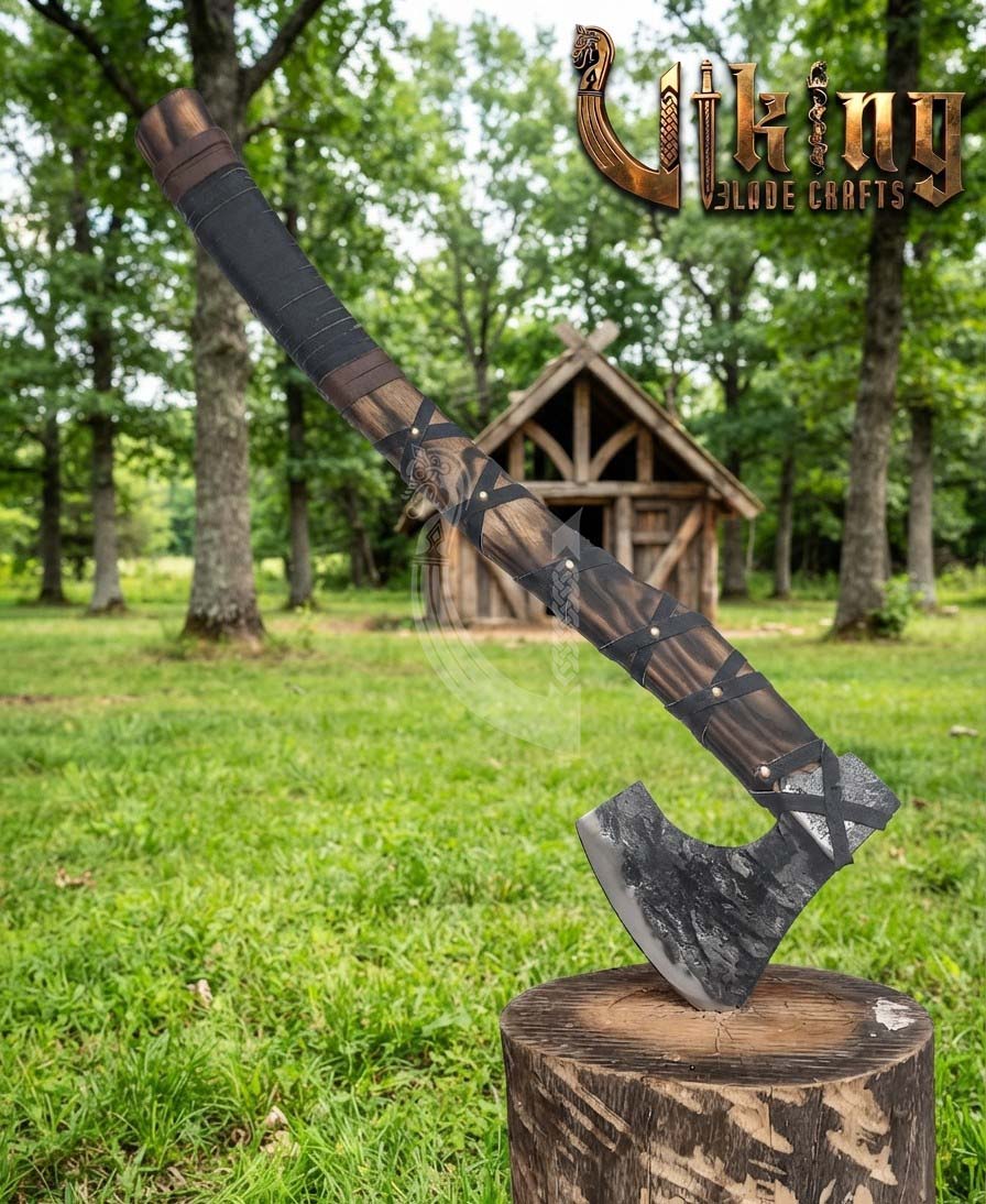 True Hand-Forged Viking Bearded Axe 30" | Leather-Wrapped Hooked Skeggøx