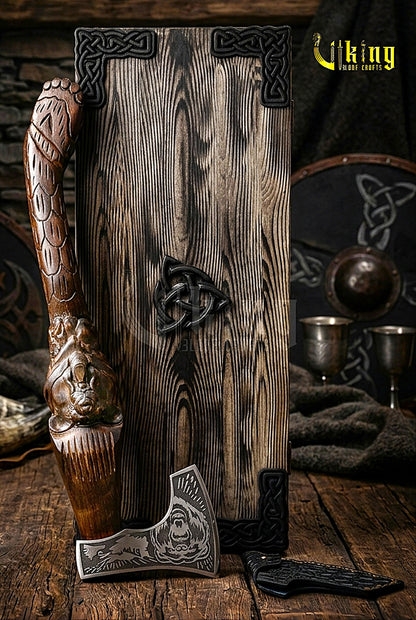 Bjorn Norse axe with detailed bear carving and forged steel head