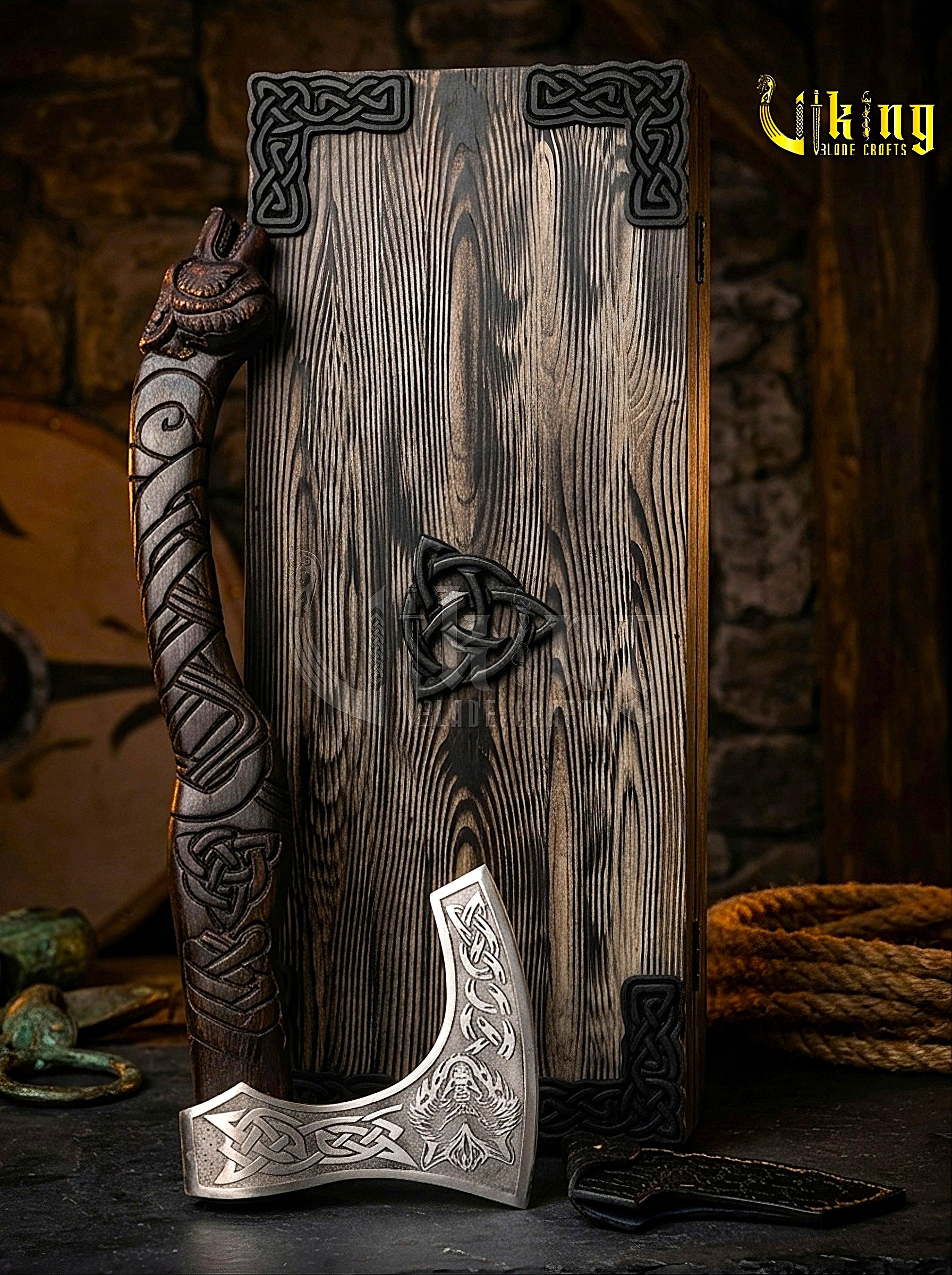 hand carved wolf handle Viking axe inspired by Fenrir