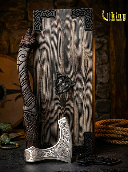 hand carved wolf handle Viking axe inspired by Fenrir
